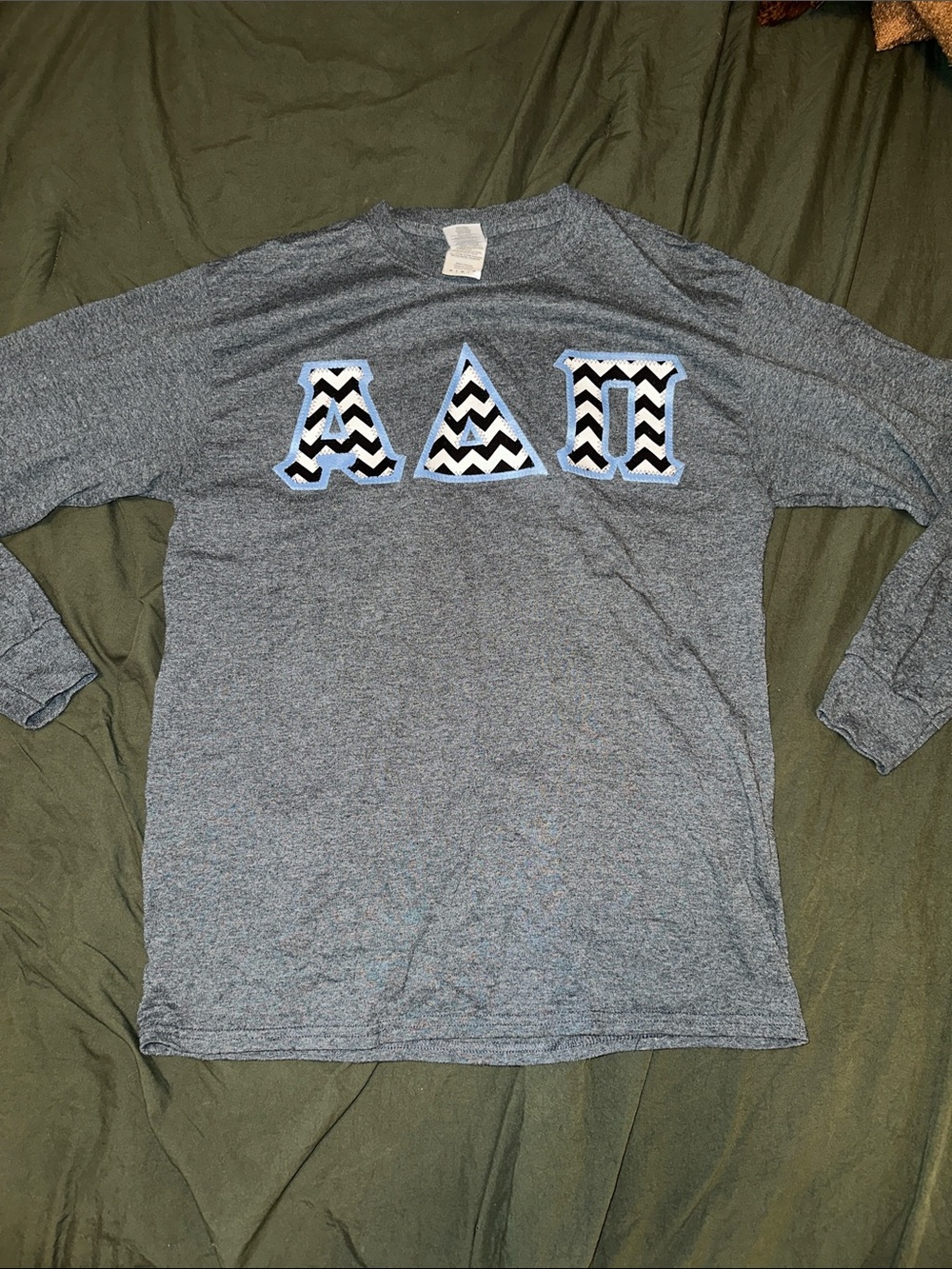 Alpha Delta Pi Long Sleeve Tee with Stitched LettersChevron - Light Blue & Black